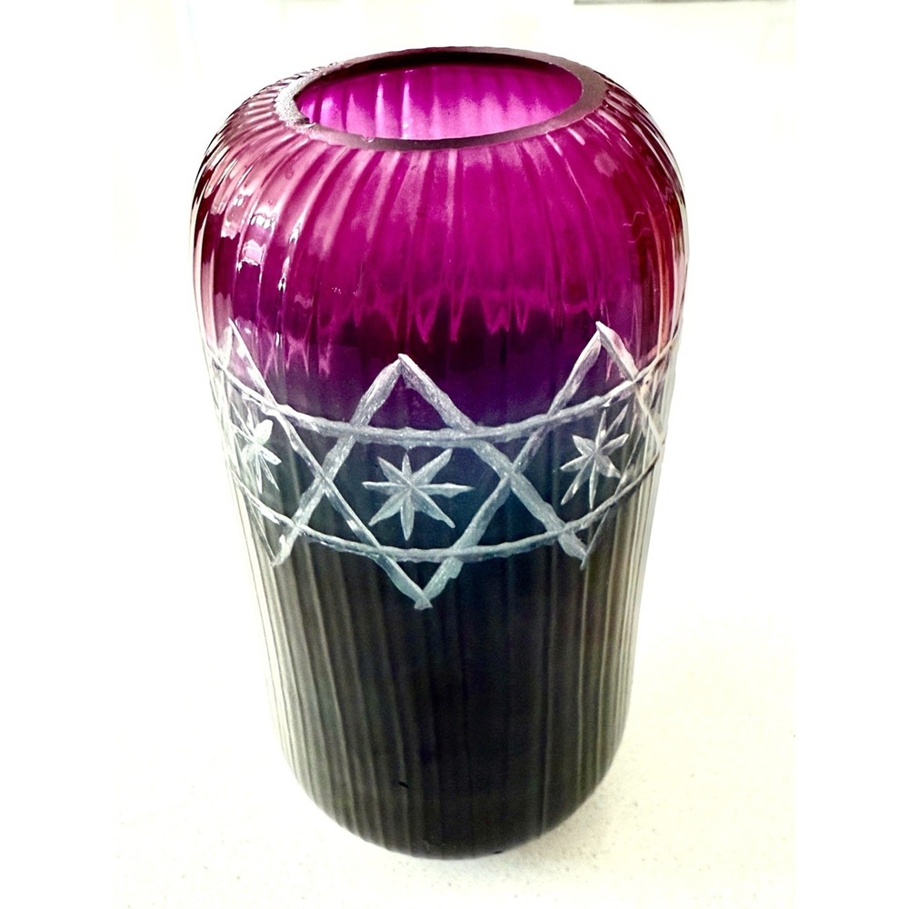 Anthropologie Purple Navy Etched Glass Candleholder Vase 7"
